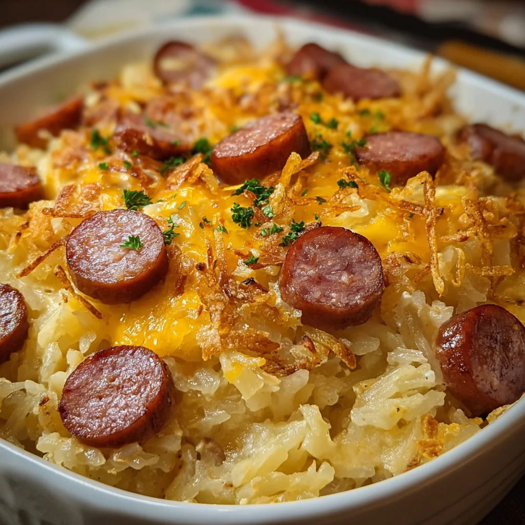Cheesy Kielbasa Hashbrown Casserole | Creamy, Crispy & Family-Approved Comfort!