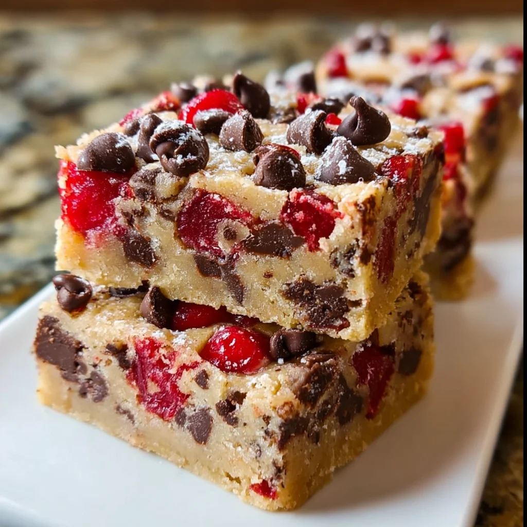 Chocolate Chip Maraschino Cherry Shortbread Bars | Buttery, Sweet & Festively Delicious!