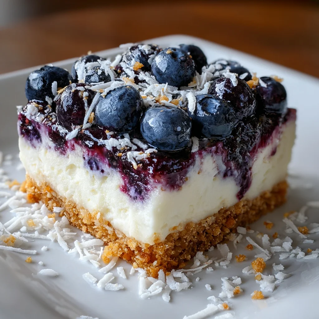 No-Bake Blueberry Coconut Cheesecake Bars – Creamy, Tropical & Effortless!