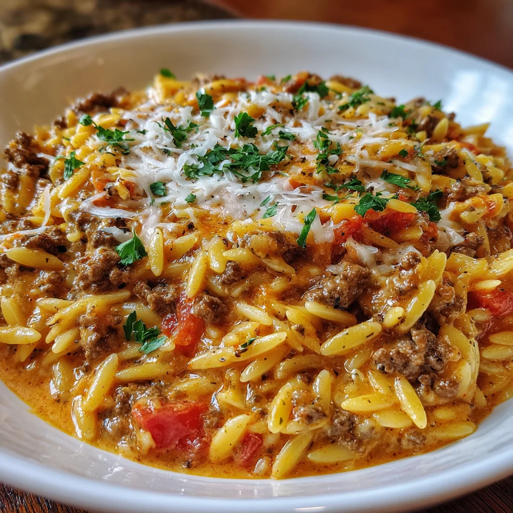 Ground Beef Orzo in Tomato Cream Sauce | Cozy, Creamy & One-Pot Easy