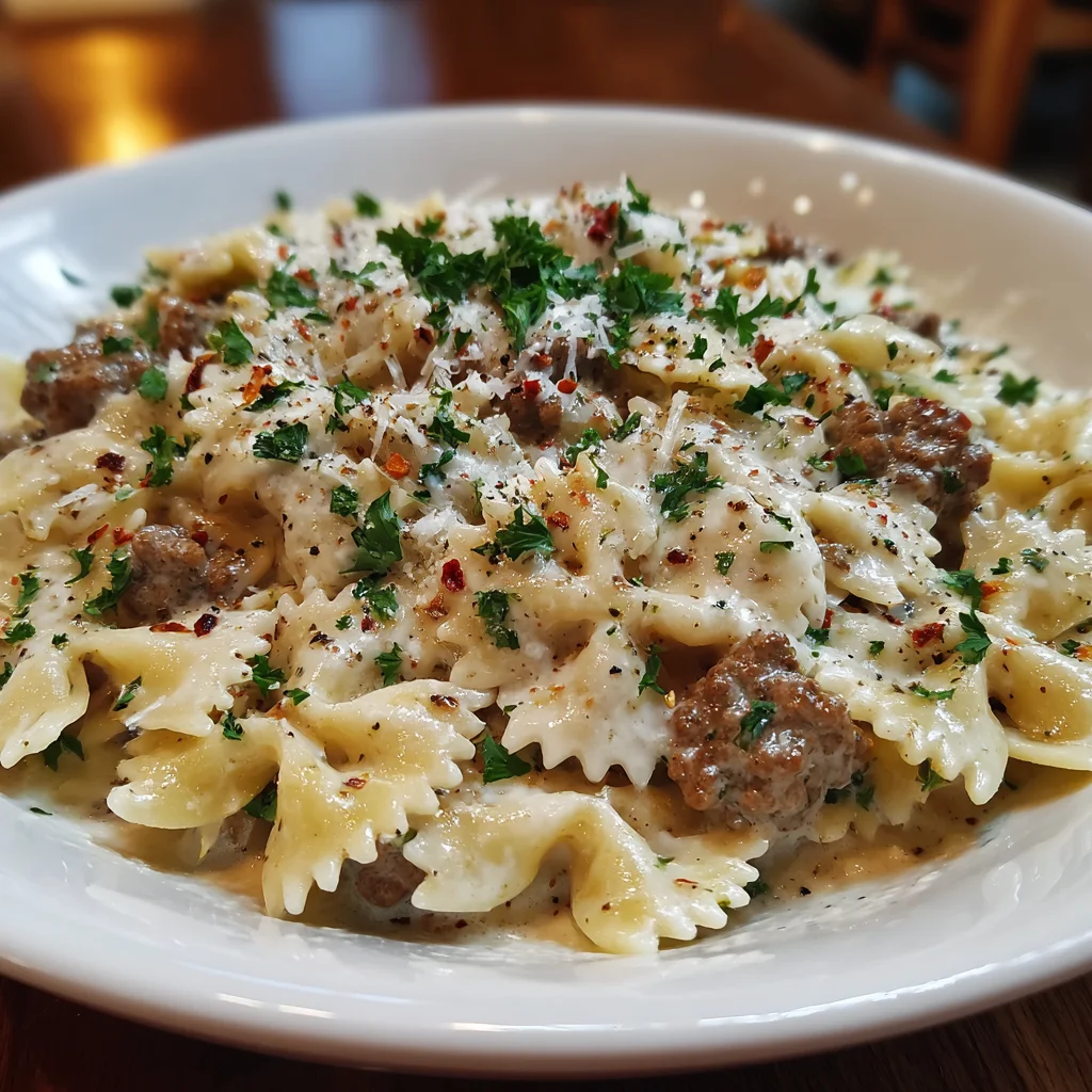 Beef and Bowtie Pasta Alfredo – Creamy, Hearty & Family-Friendly!