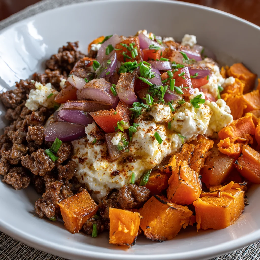 Savory Ground Beef & Sweet Potato Bowl with Creamy Cottage Cheese