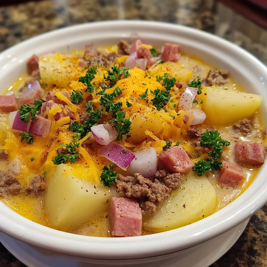 Cheesy Beef, Ham & Potato Soup – Hearty, Creamy & Loaded with Flavor!