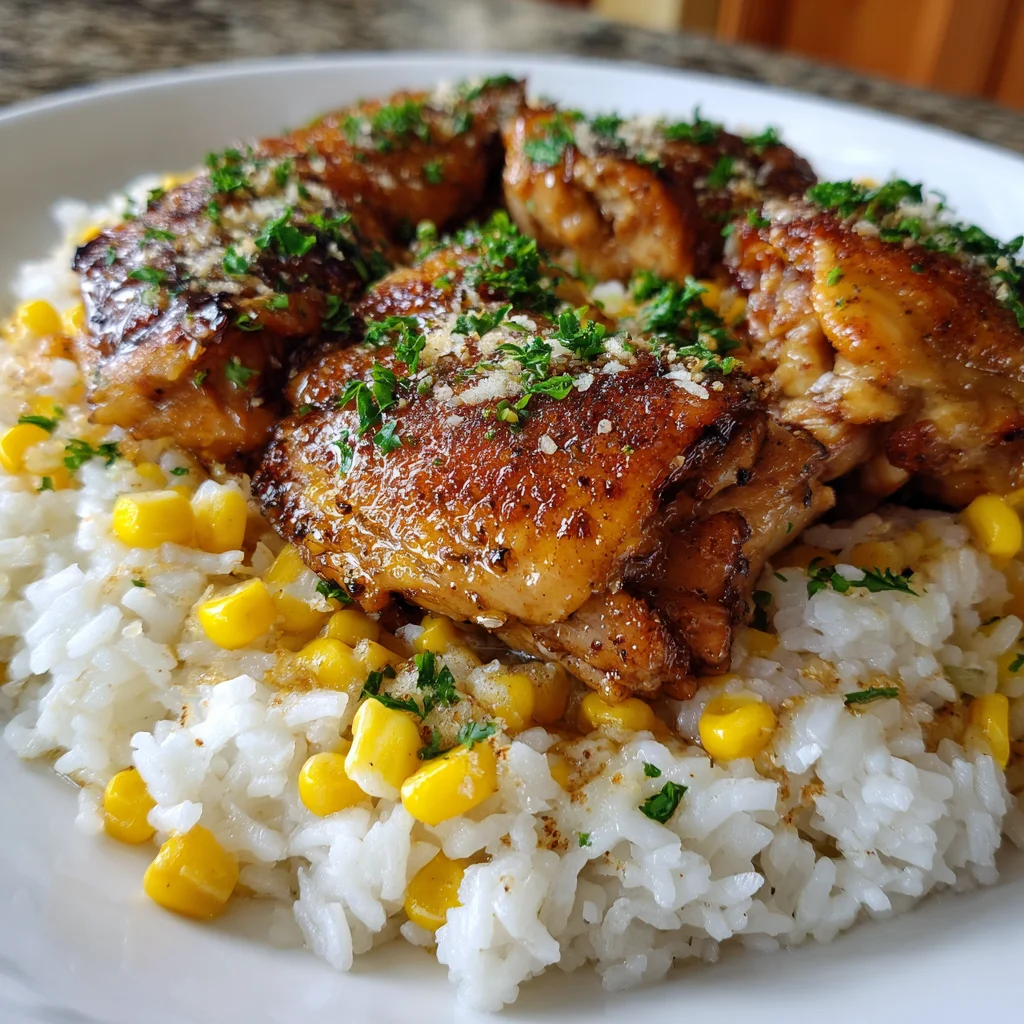 Chicken and Corn Skillet with Garlic Parmesan Rice – Creamy, Savory & One-Pan Perfection!