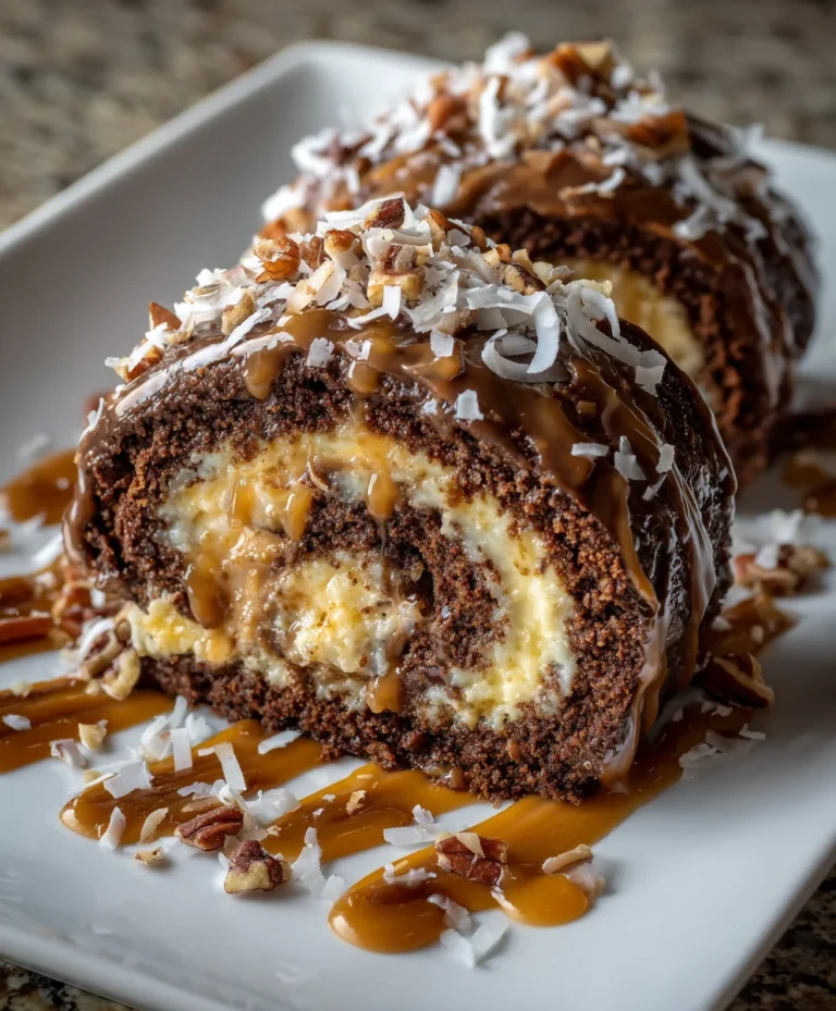 Decadent German Chocolate Coconut Pecan Roll Cake – Rich, Gooey & Show-Stopping Delicious!
