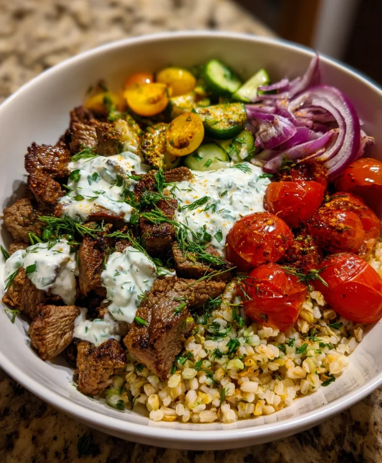 Mediterranean Beef Bowl with Herbed Yogurt Sauce – Fresh, Savory & Bursting with Mediterranean Flavor!