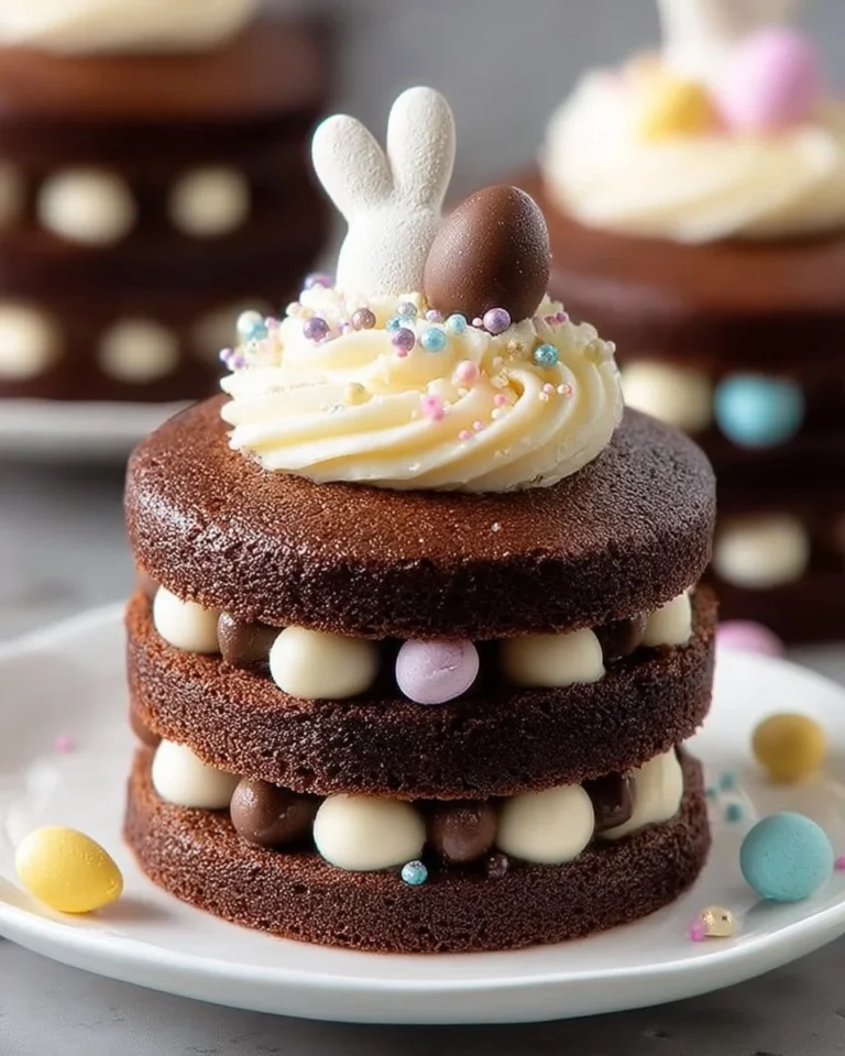 Adorable mini Easter layer cakes decorated with vibrant spring colors.