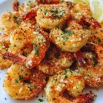 Plate of Air Fryer Garlic Parmesan Shrimp garnished with parsley