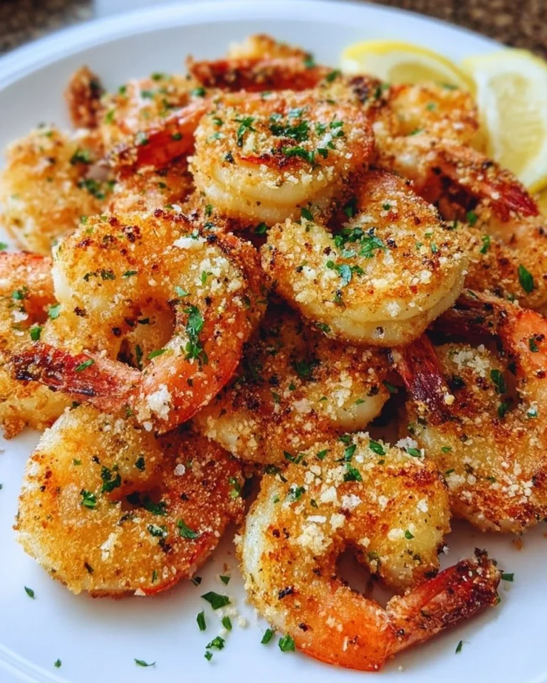 Plate of Air Fryer Garlic Parmesan Shrimp garnished with parsley