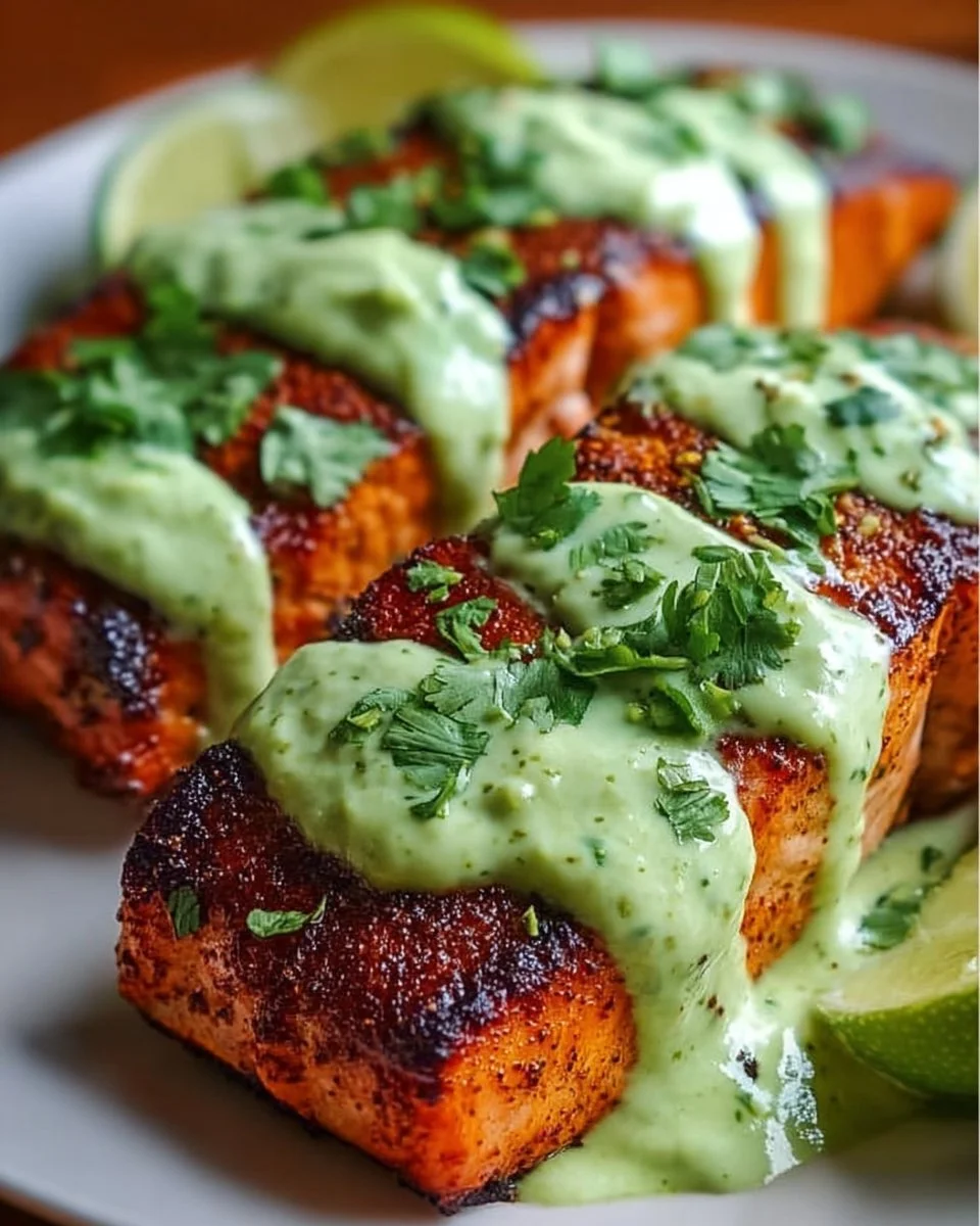 Baked Cajun salmon fillet topped with creamy sauce and garnished with herbs.