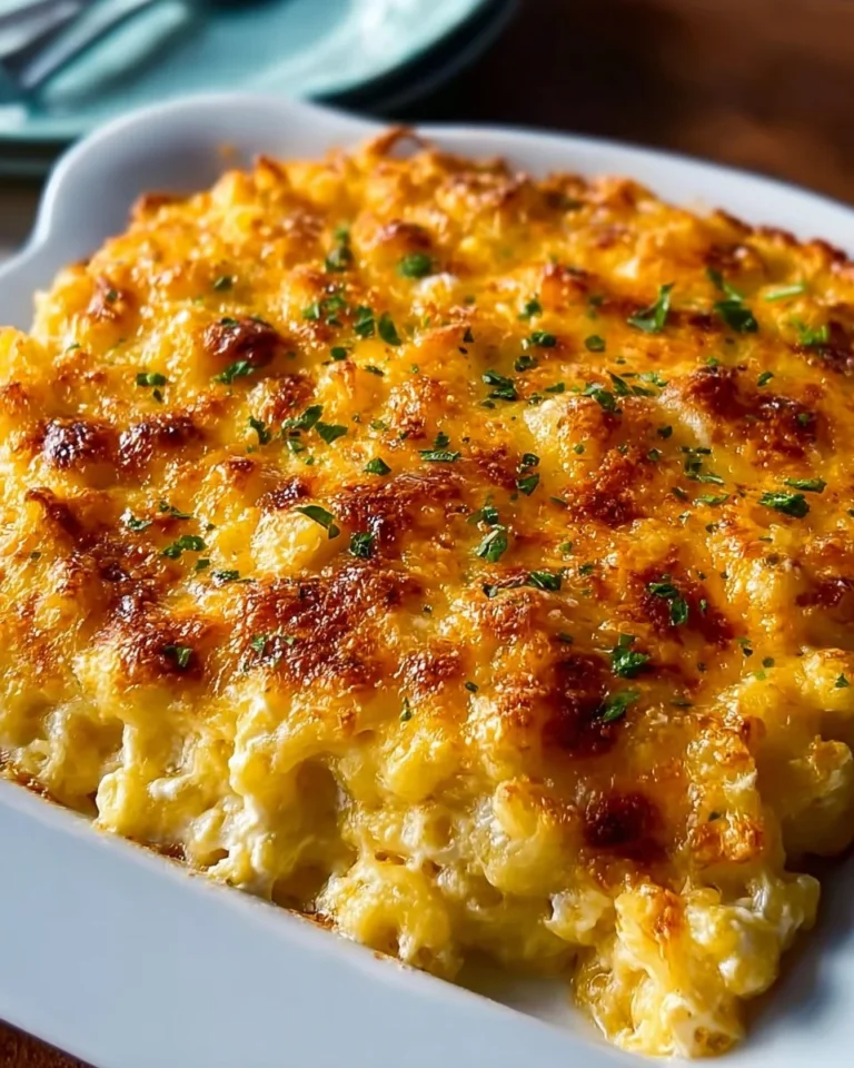 Creamy baked mac and cheese made with cottage cheese, served in a casserole dish.