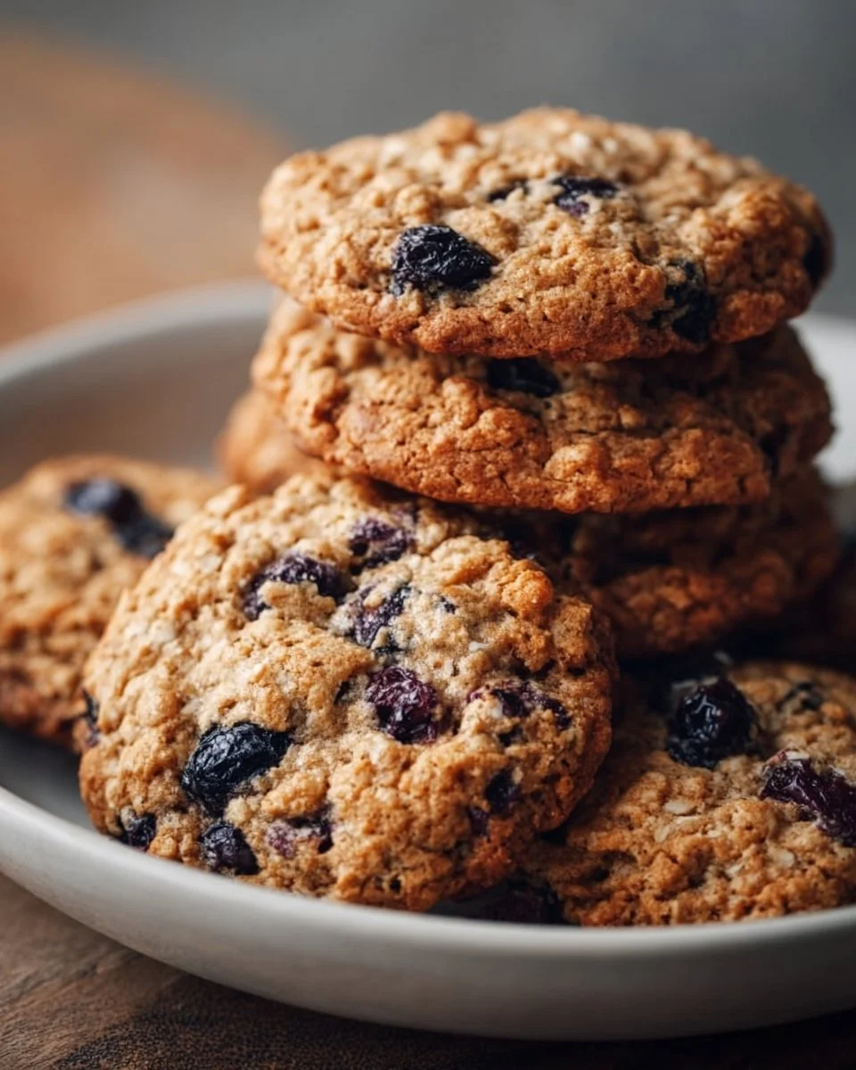Bakery-style chewy blueberry oatmeal cookies on a cooling rack
