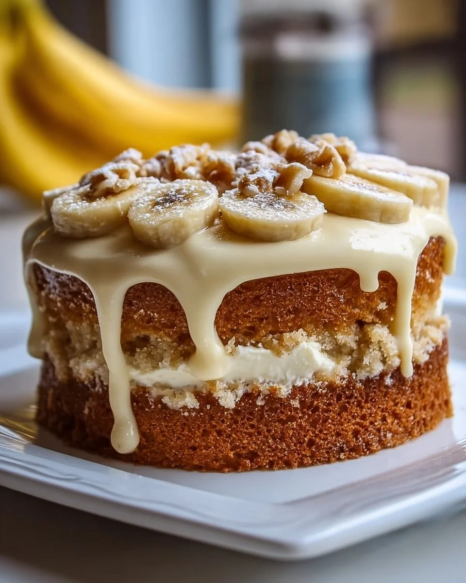 Deliciously moist banana cake filled with creamy banana filling.