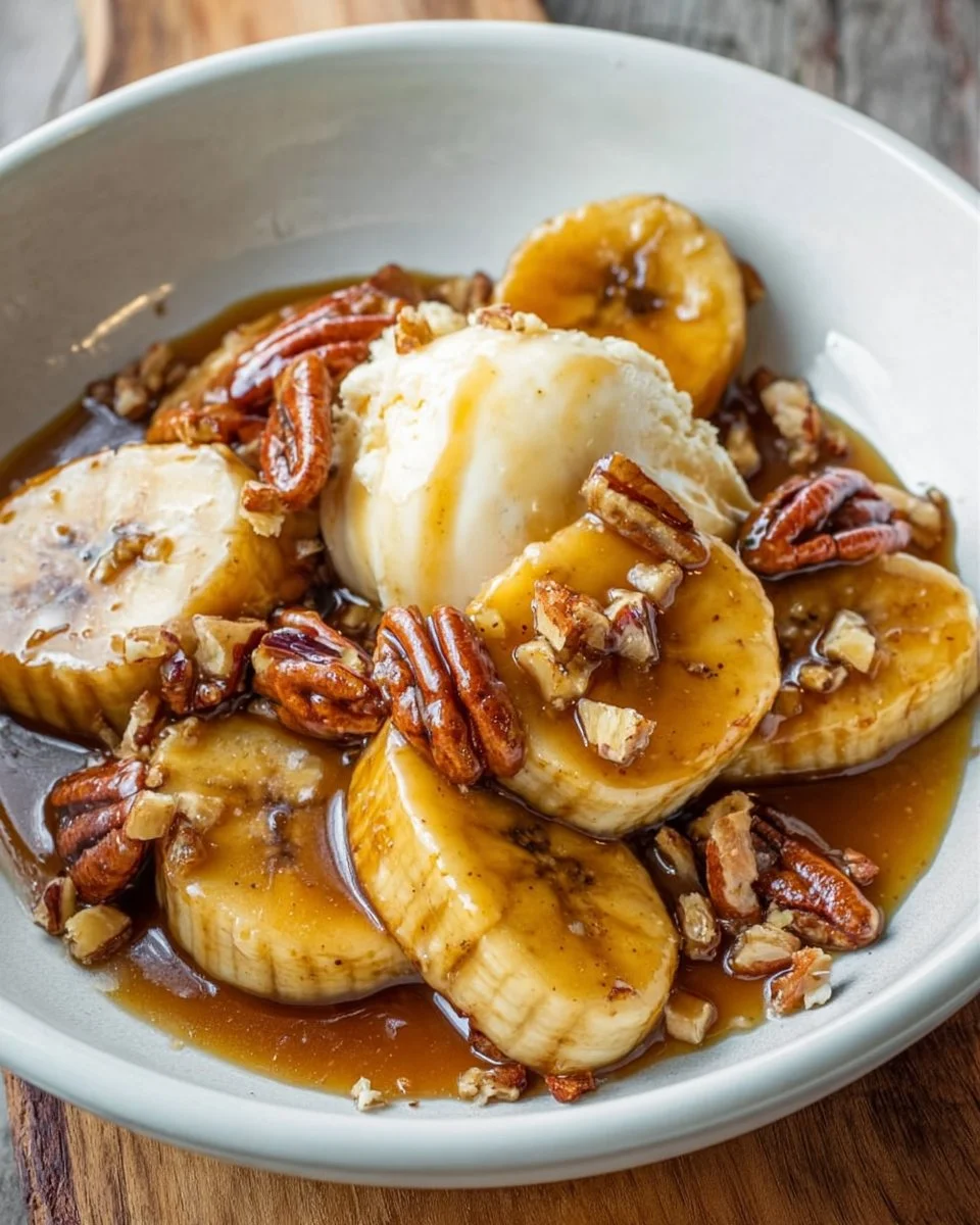 Delicious Banana Foster with Pecans and Caramel served in a bowl