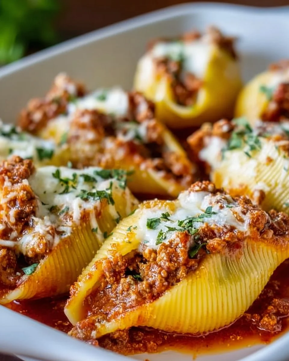 Plate of beef stuffed shells topped with marinara sauce and cheese