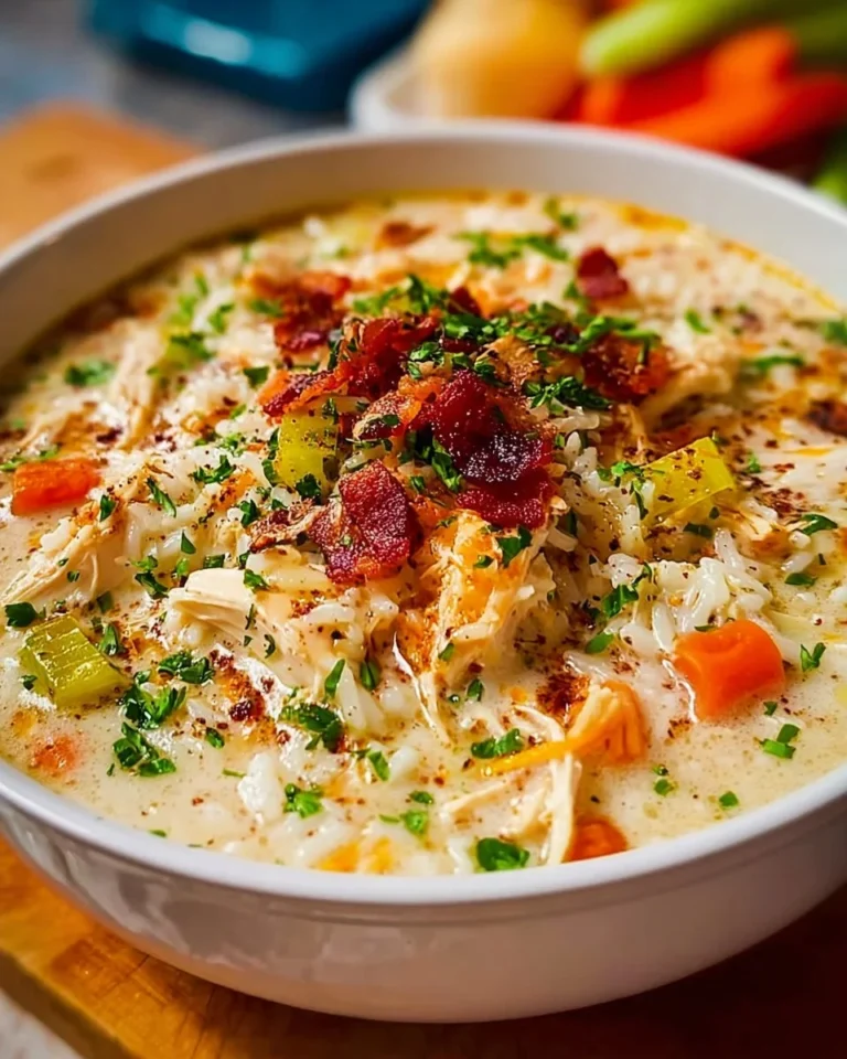 Bowl of best crack chicken rice soup with herbs and toppings