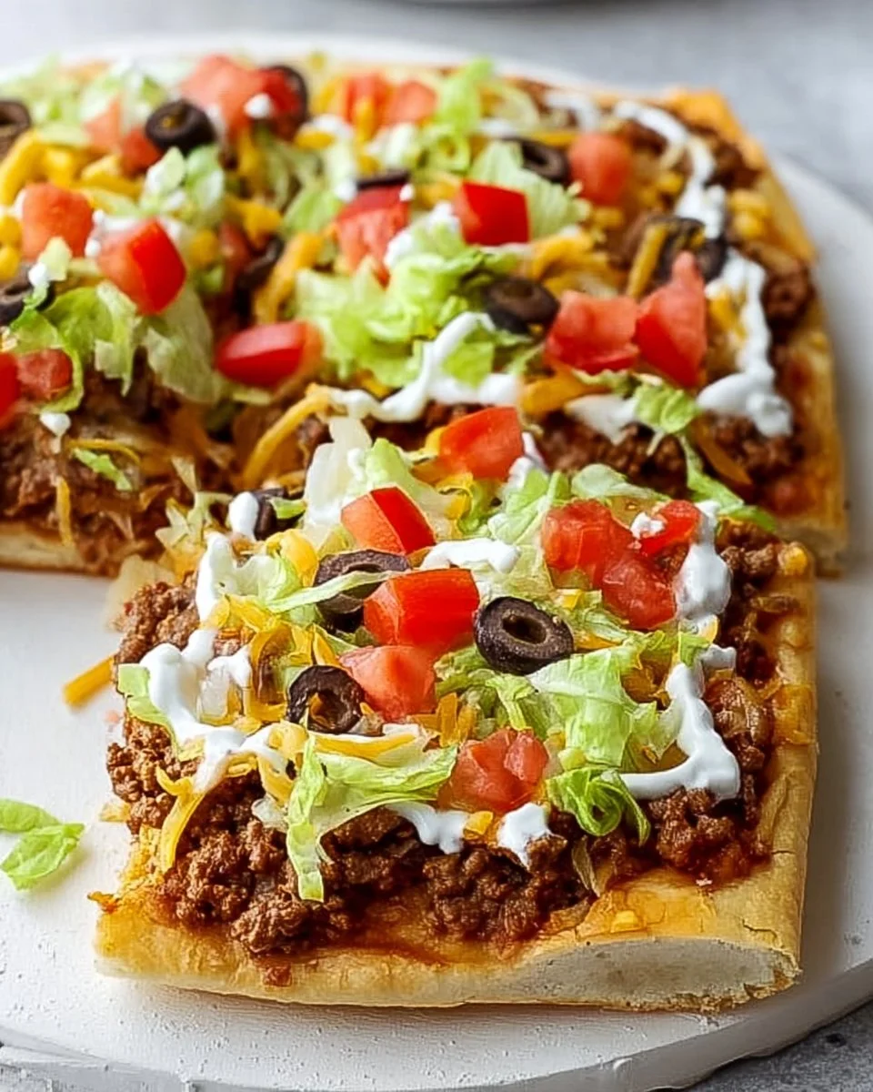 Crescent Roll Taco Pizza topped with cheese, ground beef, and fresh toppings