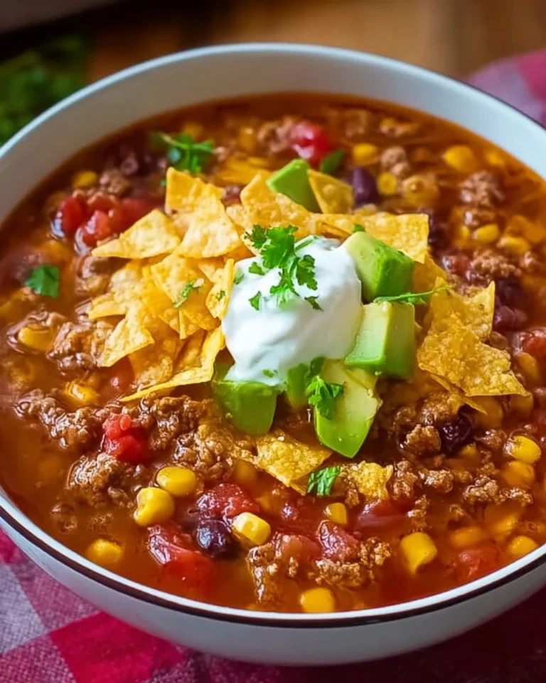 Delicious Crockpot Taco Soup with ground beef served in a bowl