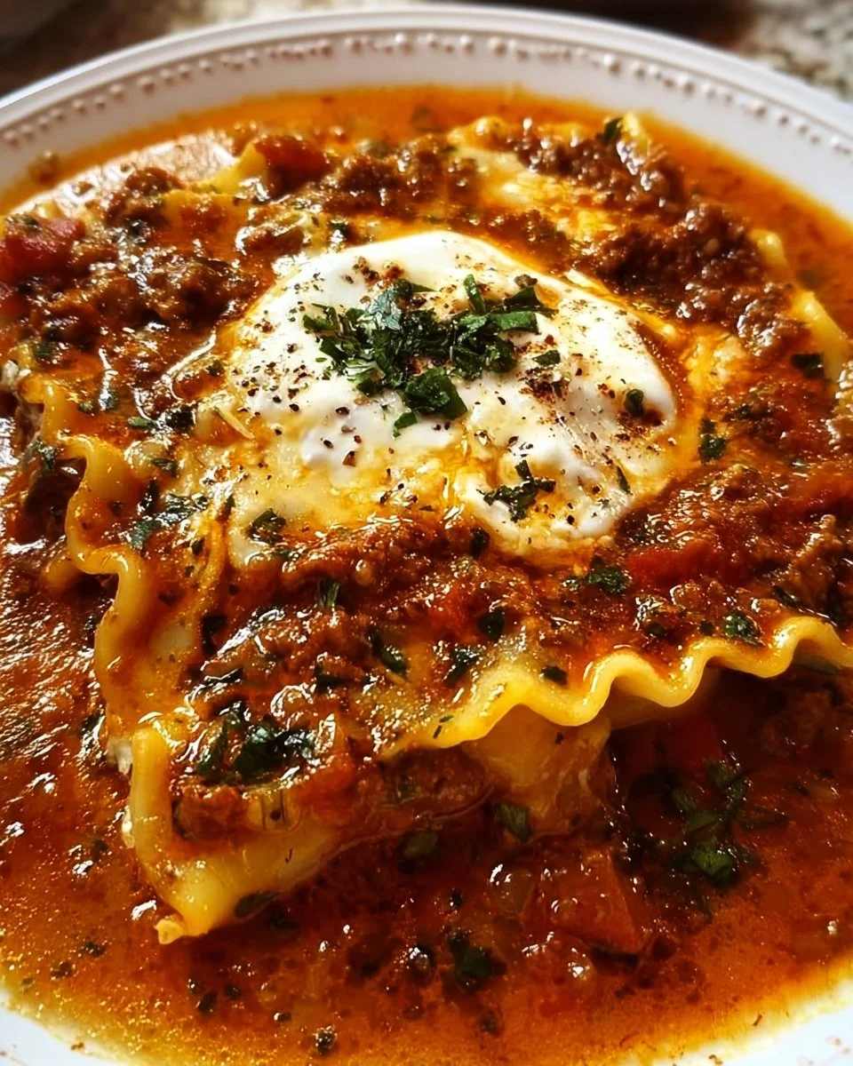 A bowl of delicious one-pot lasagna soup topped with cheese and herbs.
