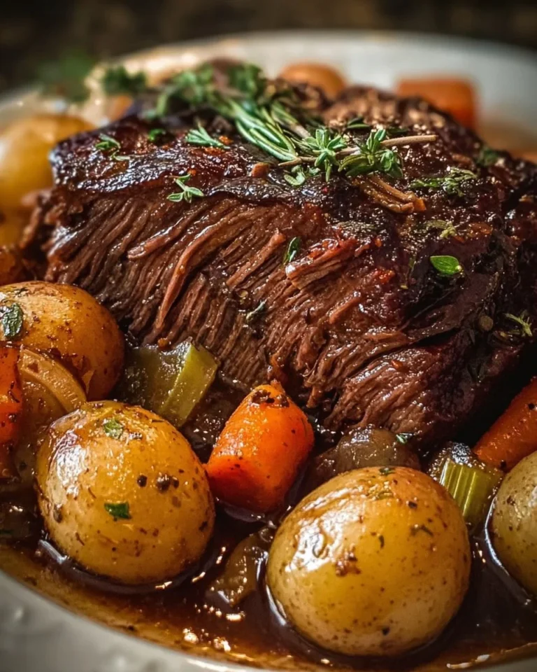 Delicious slow cooked beef chuck roast served on a plate with vegetables