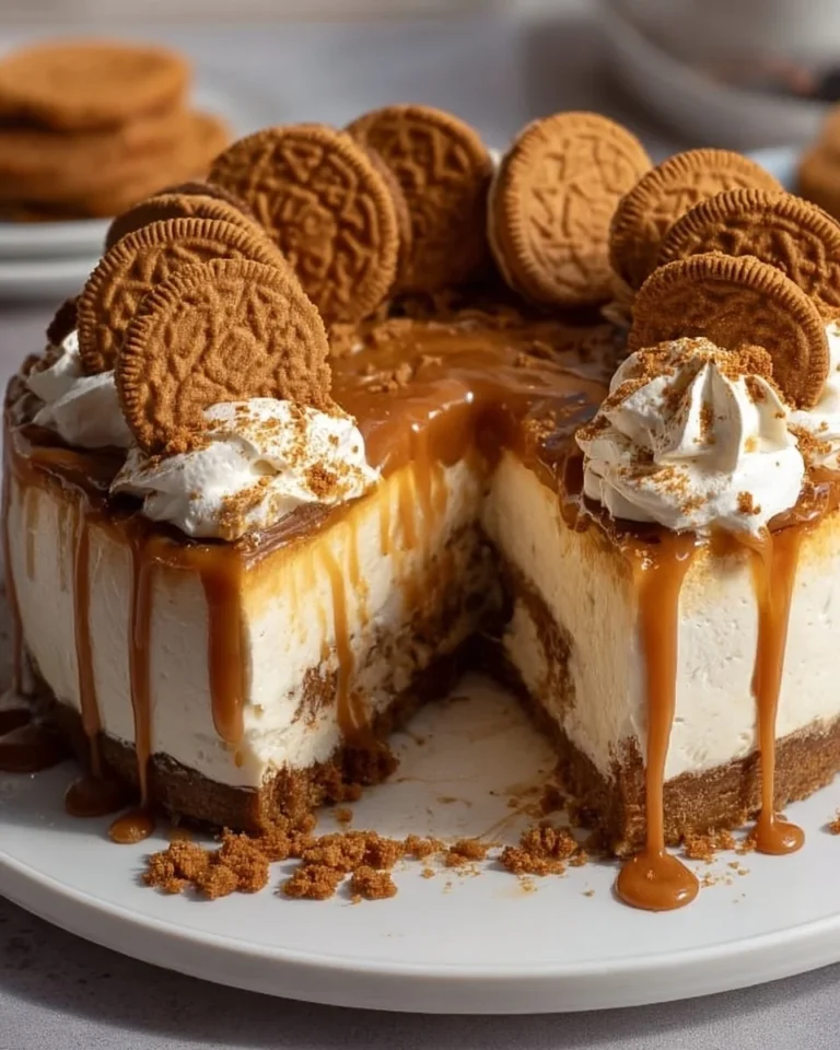 Delicious Biscoff cheesecake topped with caramel sauce and cookie crumbles.