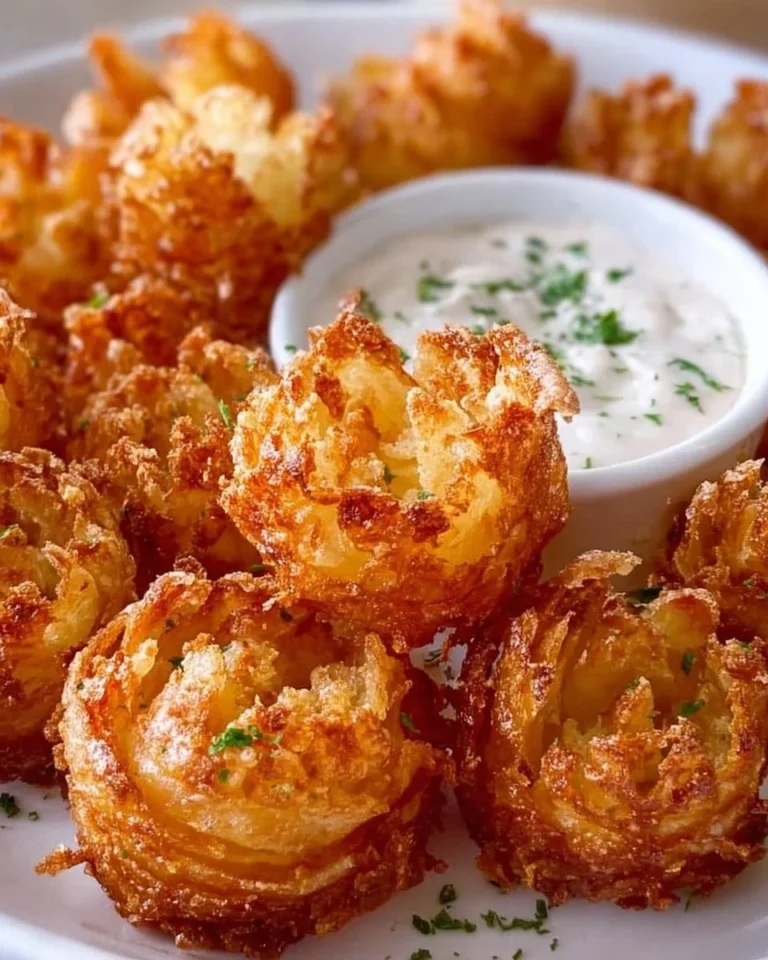 Plate of bite-sized blooming onions served with dipping sauce