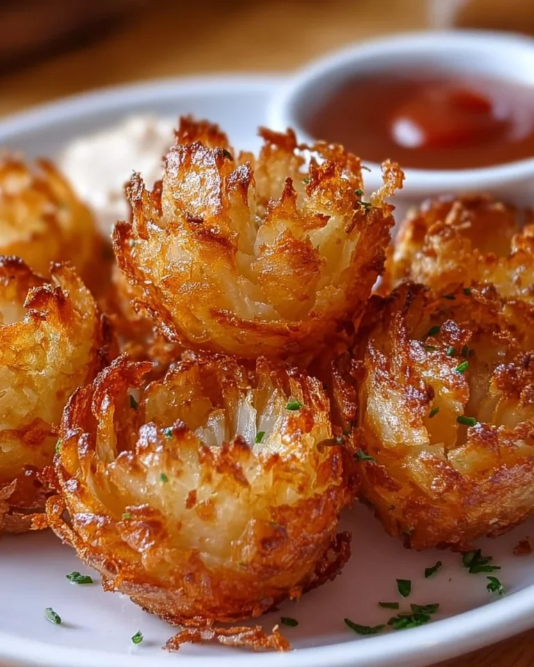 Plate of bite-sized blooming onions served with dipping sauce