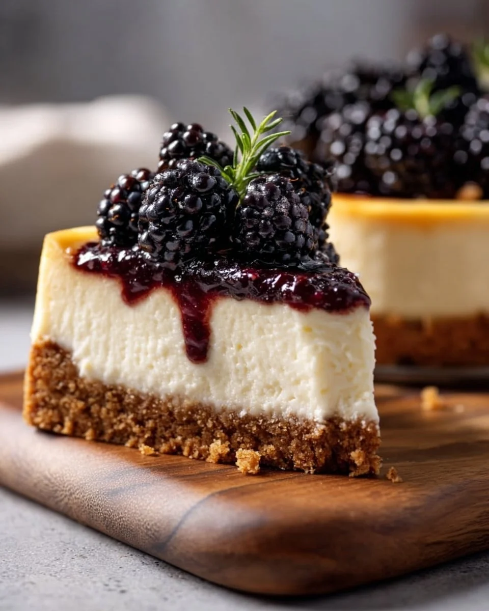 Slice of delicious Blackberry Bliss Cheesecake topped with fresh blackberries