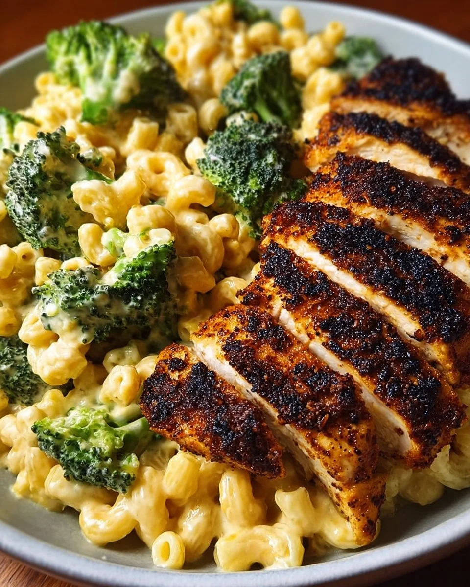 Delicious blackened chicken served with creamy broccoli mac and cheese