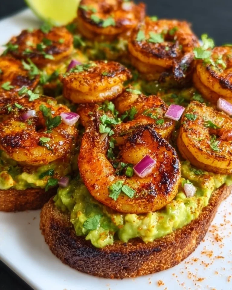 Delicious blackened shrimp avocado toast topped with fresh herbs and spices
