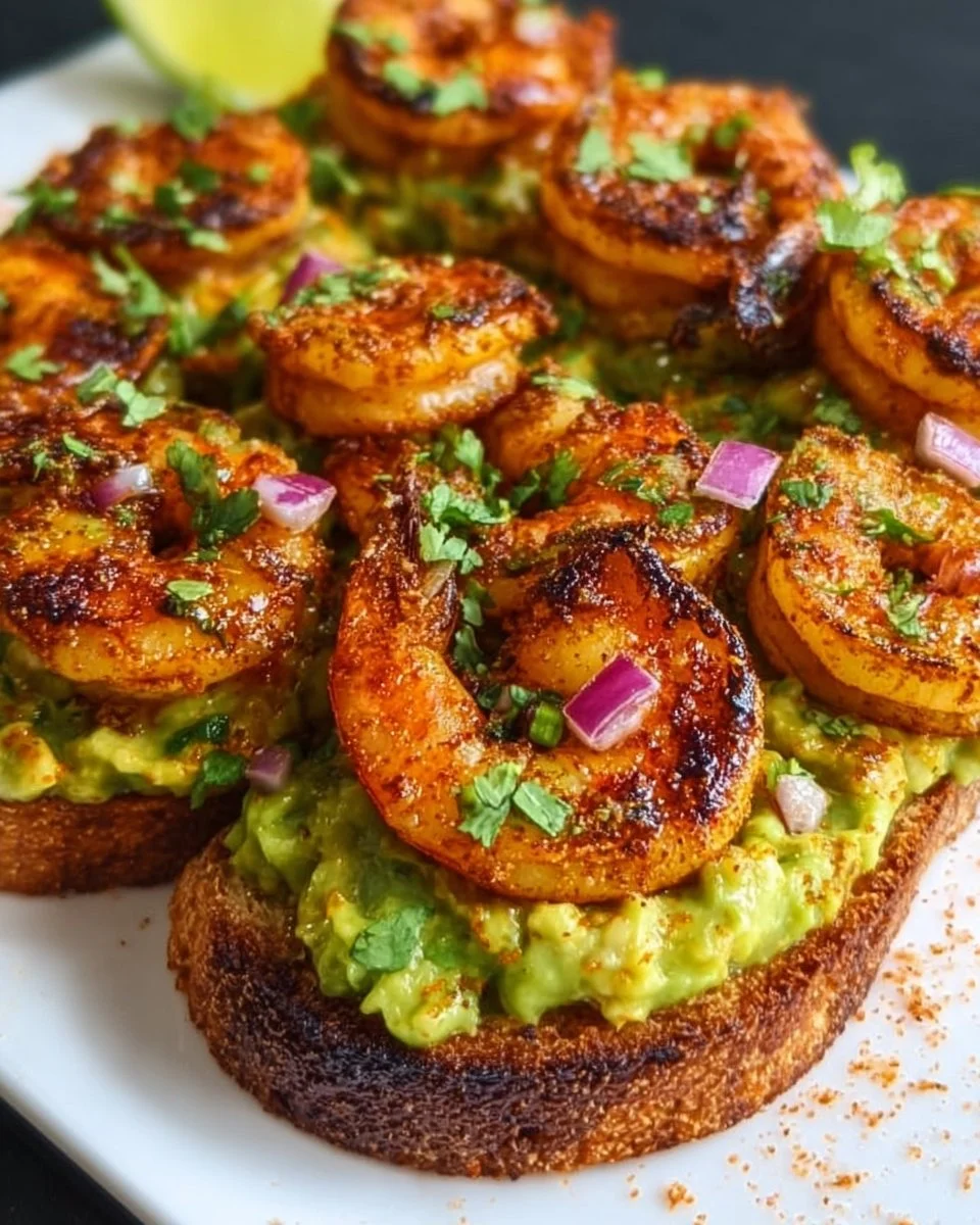 Delicious blackened shrimp avocado toast topped with fresh herbs and spices