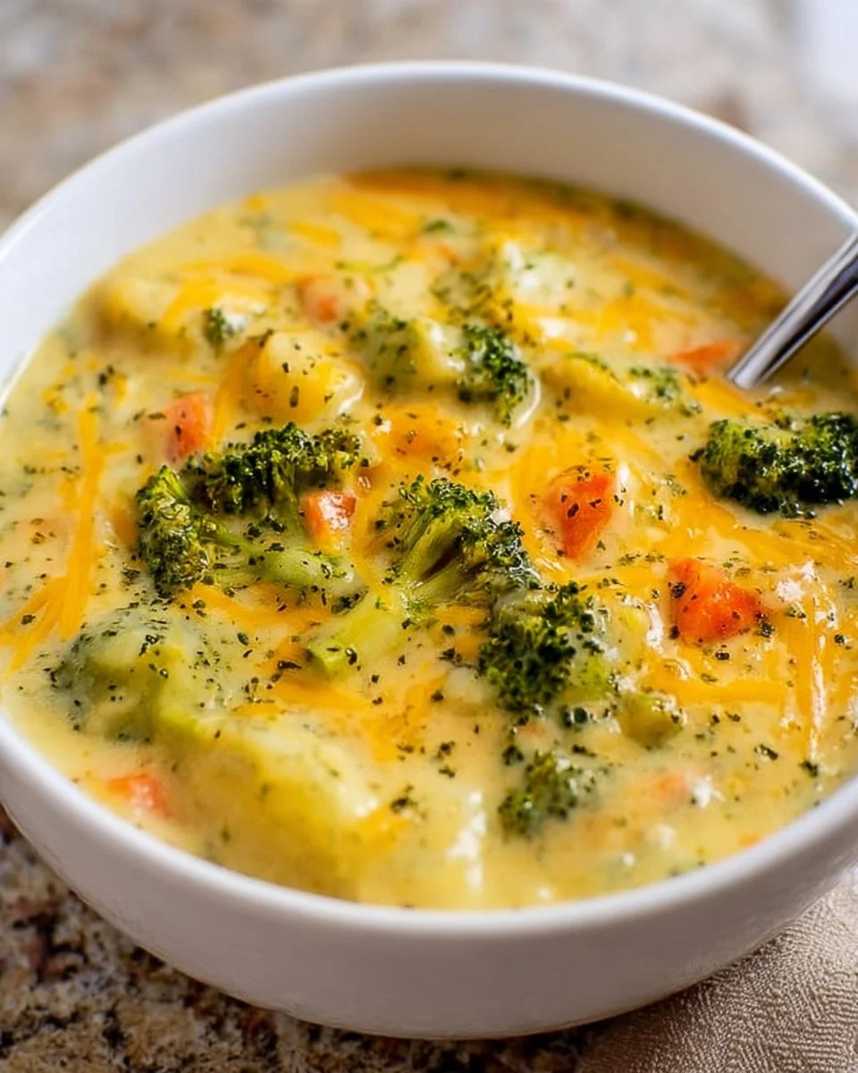 Bowl of creamy Broccoli Potato Cheese Soup garnished with cheese and herbs