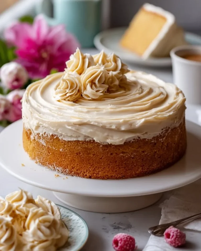 Delicious brown butter cake frosting spread on a layered cake