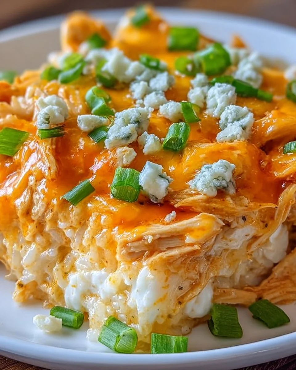 Delicious Buffalo Chicken Casserole served in a baking dish
