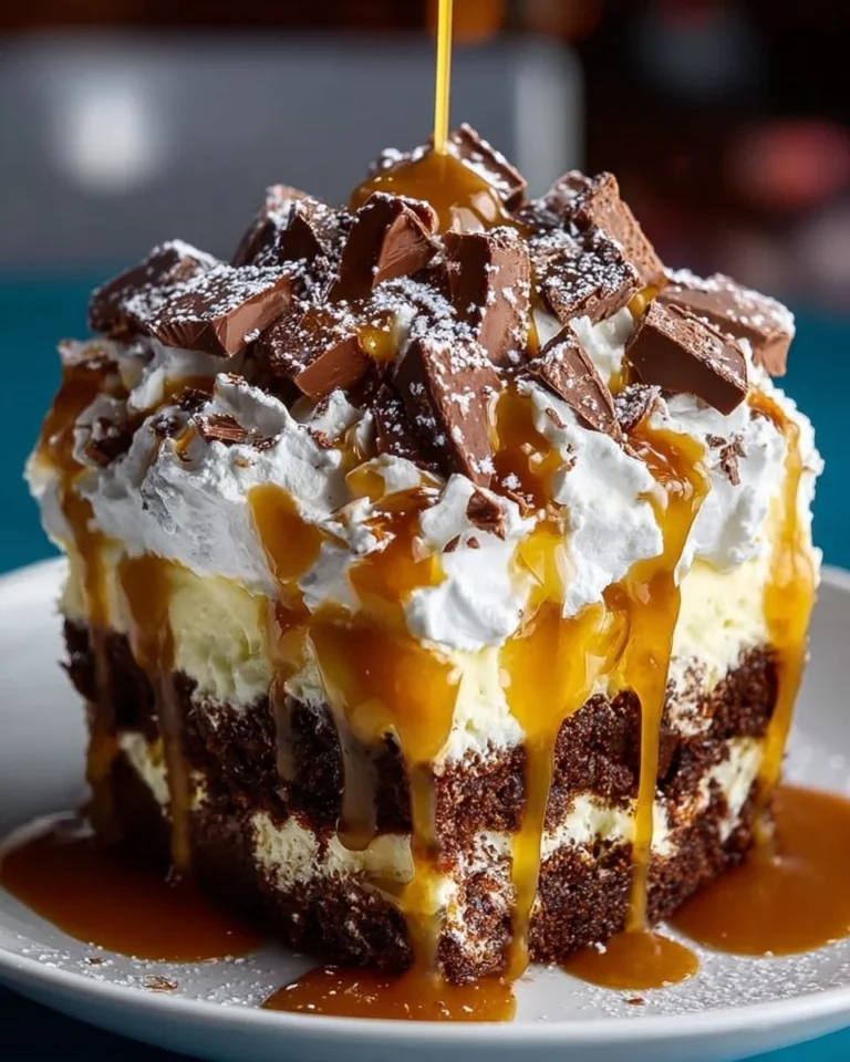 Delicious caramel cheesecake brownie trifle with layers of rich chocolate and creamy caramel.
