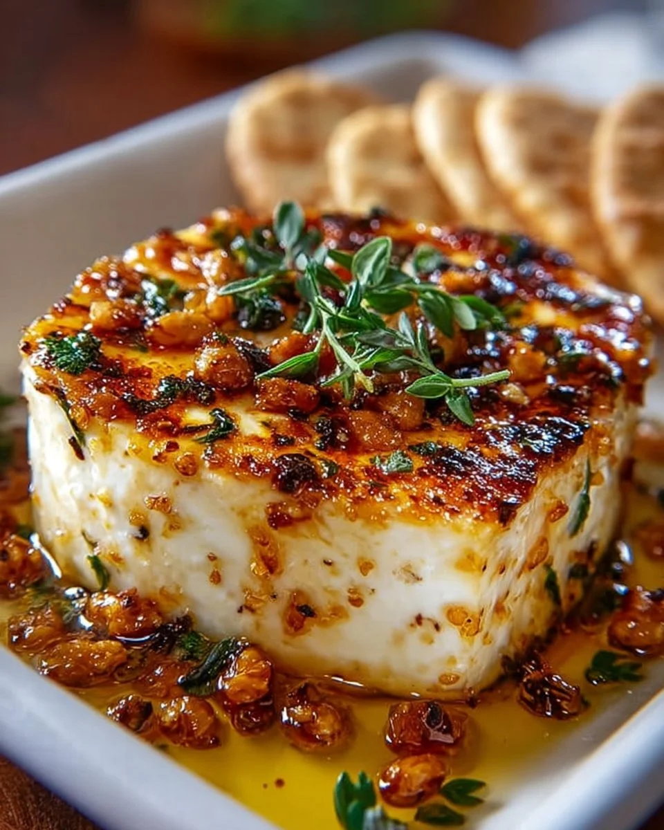 Caramelized Feta drizzled with chili-honey, served as a savory appetizer
