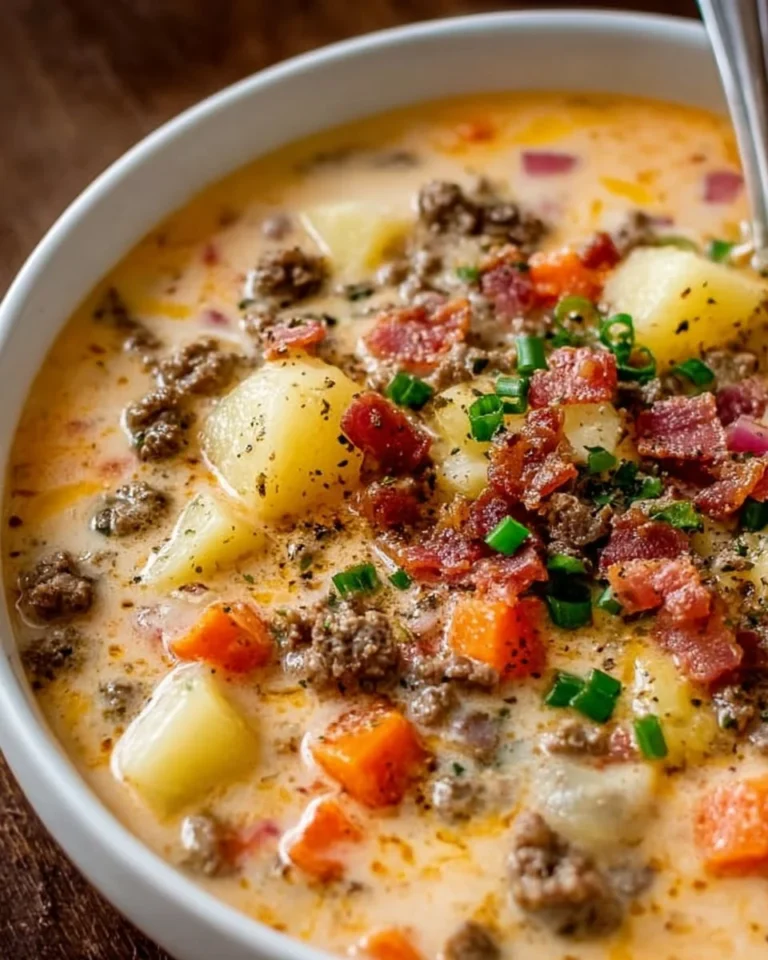 A bowl of creamy cheeseburger soup topped with cheese and green onions.