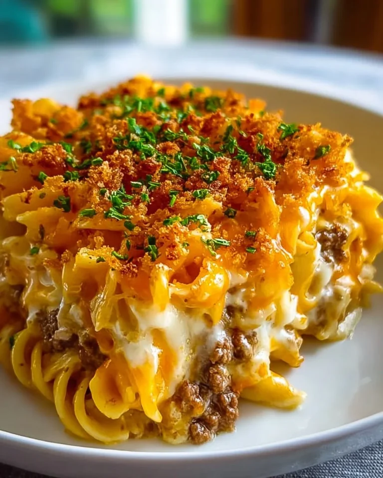 Delicious cheesy beef and noodle casserole topped with melted cheese