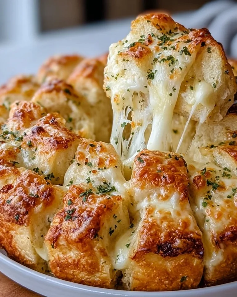 Freshly baked cheesy garlic pull-apart bread with melted cheese and herbs.