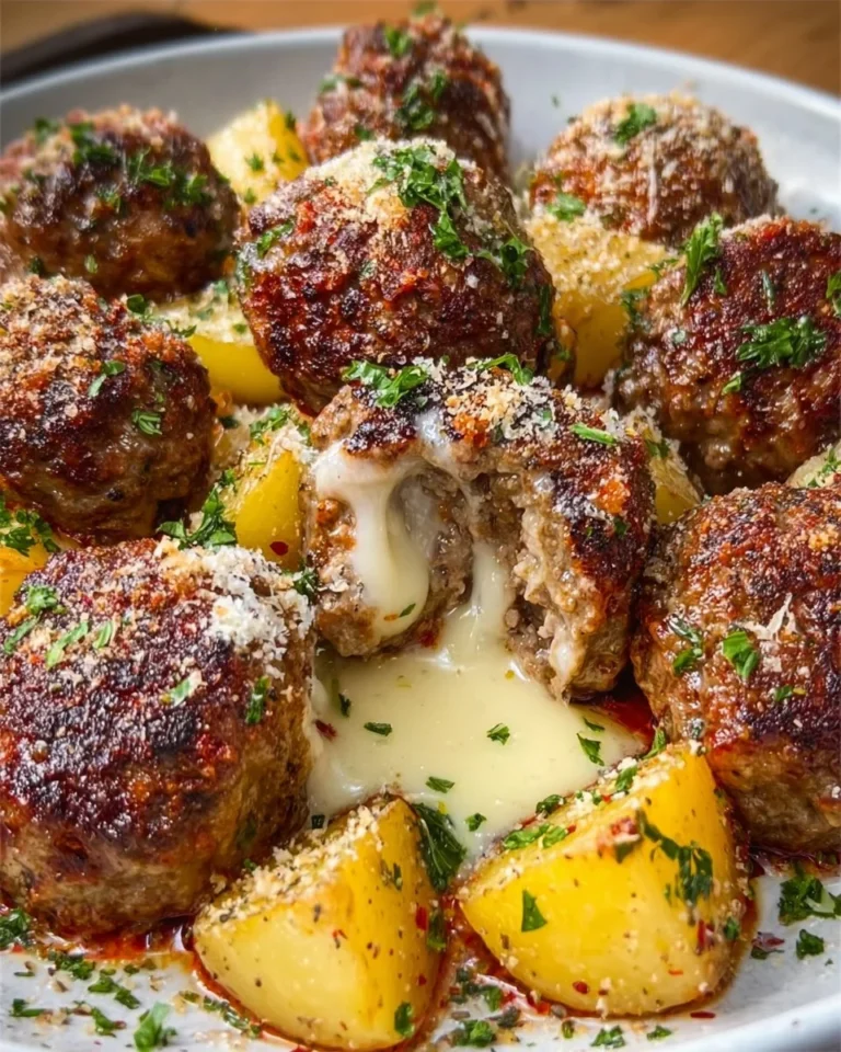 Cheesy mozzarella stuffed meatballs in a skillet topped with marinara sauce