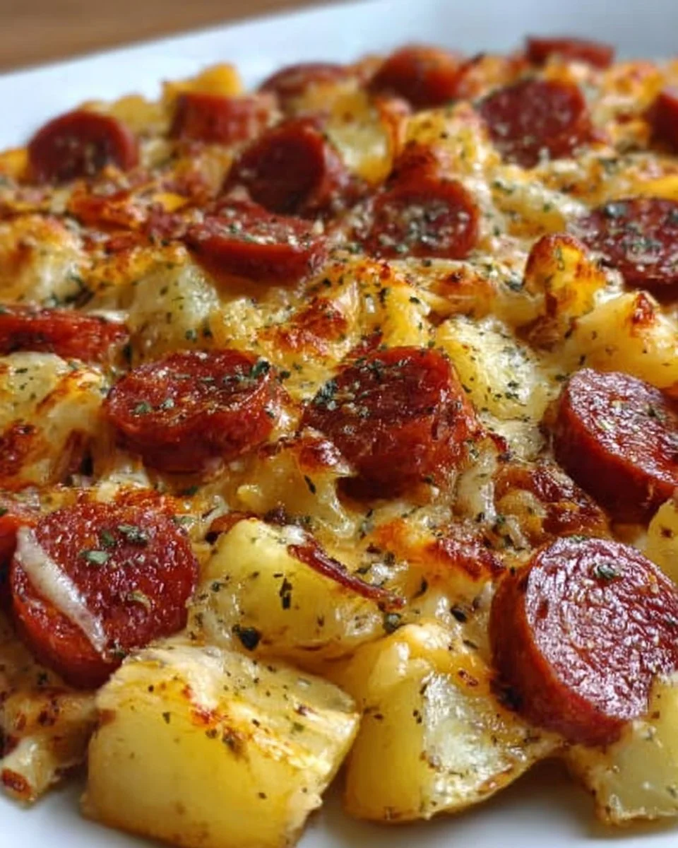 Cheesy ranch potatoes with smoked sausage served on a plate