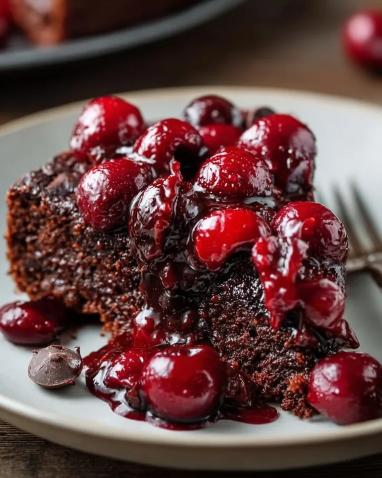 Delicious Cherry Chocolate Cake topped with fresh cherries and chocolate frosting