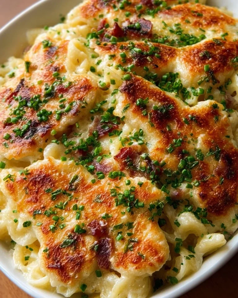 Creamy Chicken Bacon Ranch Casserole topped with crispy bacon and fresh herbs