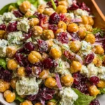 Chickpea Cranberry Salad topped with creamy feta dressing in a vibrant bowl
