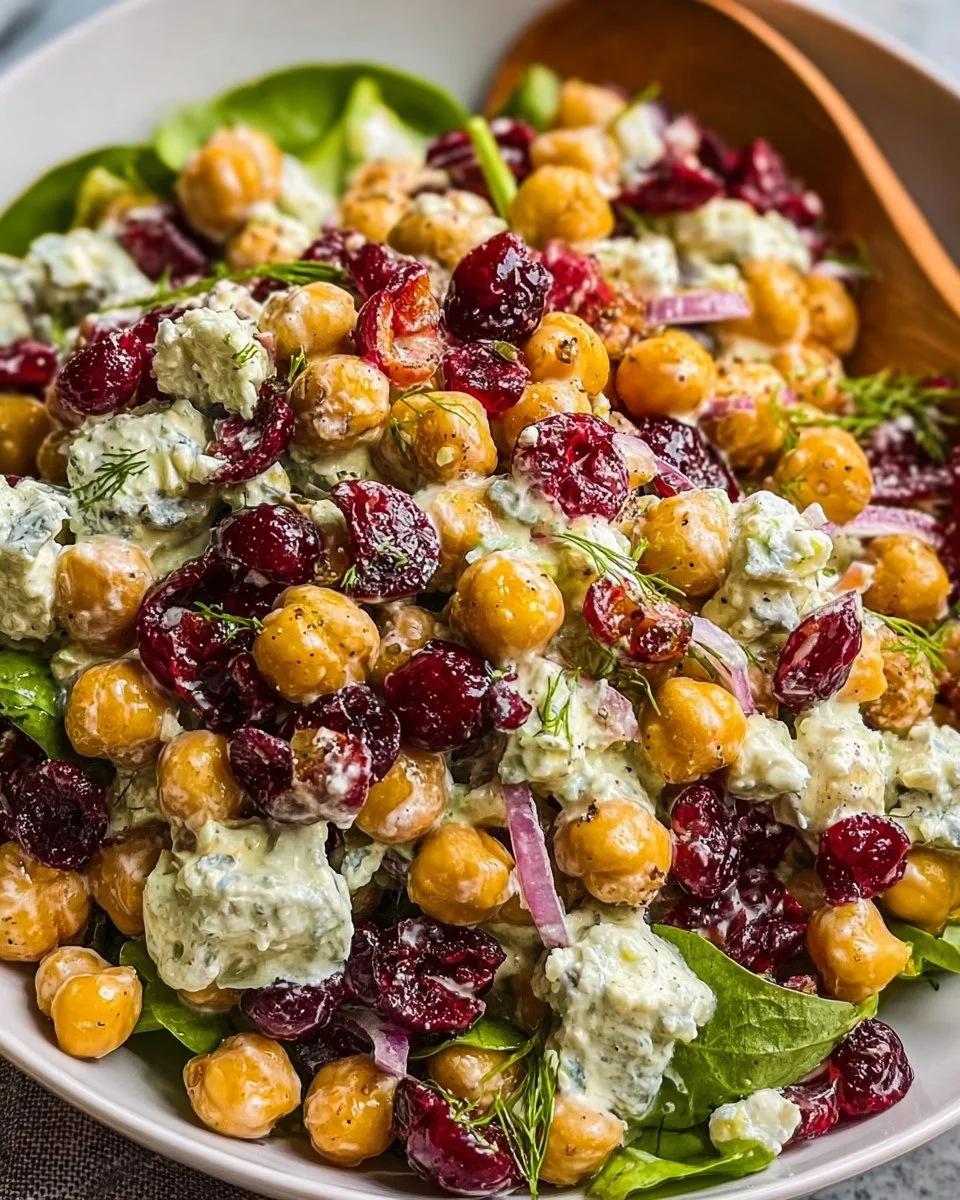 Chickpea Cranberry Salad topped with creamy feta dressing in a vibrant bowl