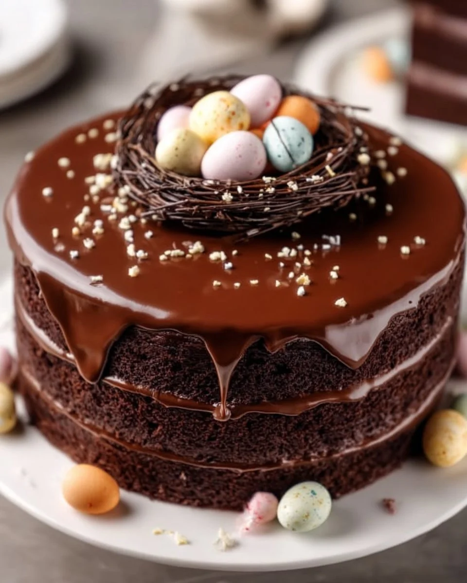 Chocolate cake with ganache and Easter egg nest decoration on top
