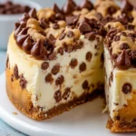 Chocolate chip cookie dough cheesecake slice on a plate