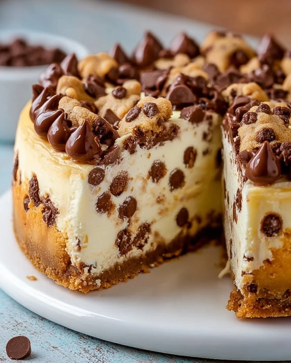 Chocolate chip cookie dough cheesecake slice on a plate