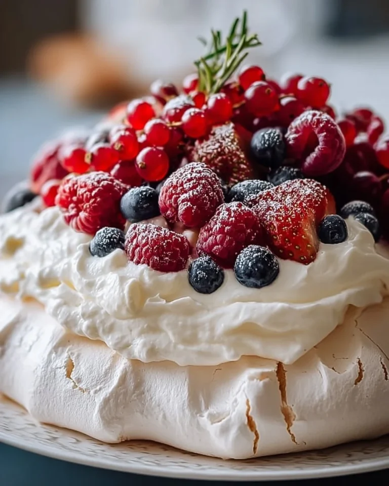 A beautifully presented Christmas Pavlova topped with colorful fruits and cream.