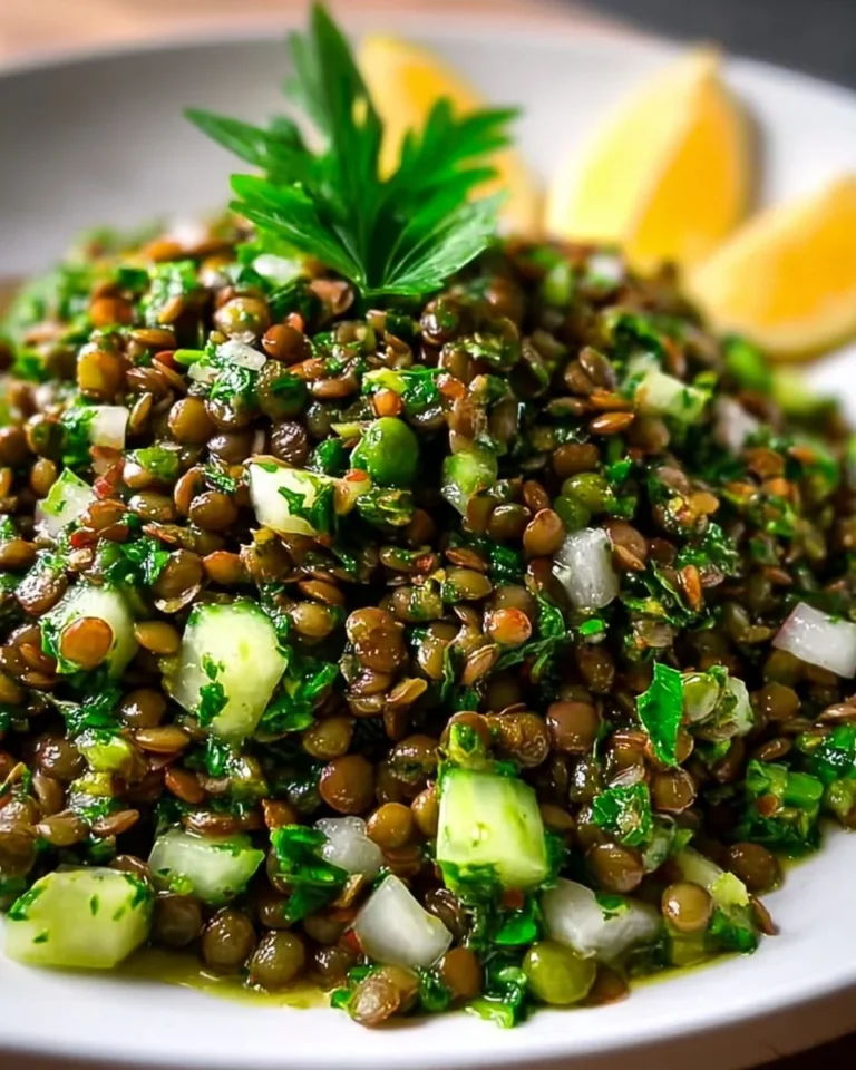 A bowl of Classic Lebanese Lentil Salad with fresh vegetables and spices